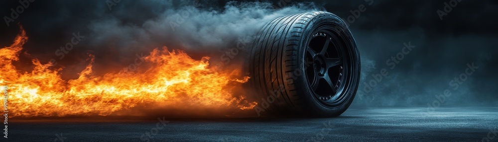 Smoke with burning rubber on a spinning tire against Smoke with burning rubber on a spinning tire against