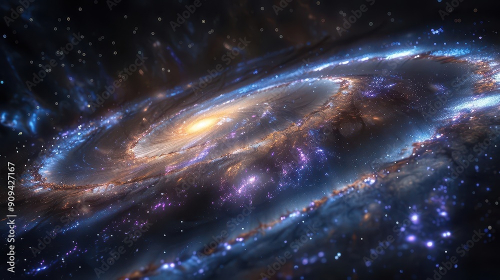 Obraz premium Produce an intense image of galaxy dimensions with space curvature, side view, highlighting the fabric of the cosmos, digital tone, Monochromatic Color Scheme, copy space for text,
