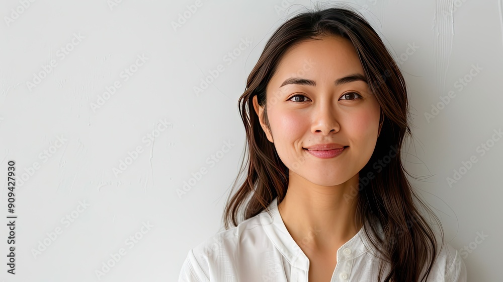 Asian woman with clear, glowing skin, smiling on a white background. Cosmetology and skincare concept. Plenty of space for text on the left. Asian woman with clear, glowing skin, smiling on a white background. Cosmetology and skincare concept. Plenty of space for text on the left.