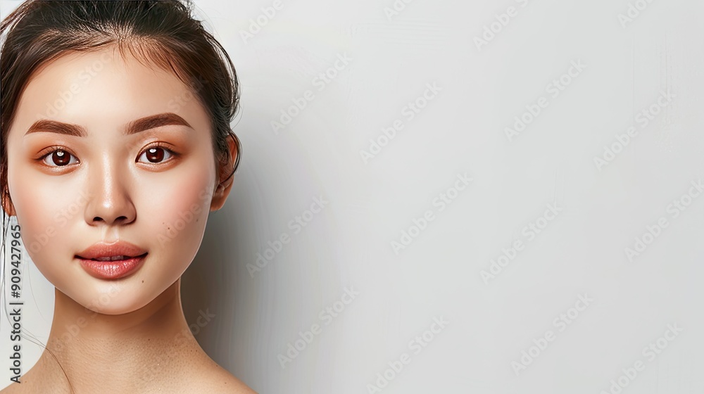 Asian woman with radiant skin, posing against a white background. Cosmetology and facial treatment theme. Ample space for text on the left. Asian woman with radiant skin, posing against a white background. Cosmetology and facial treatment theme. Ample space for text on the left.