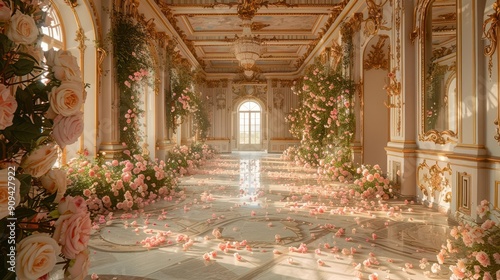 opulent rococostyle palace interior transformed into a lush garden with ornate golden frames and mirrors overgrown with climbing roses and delicate pink petals scattered across marble floors photo