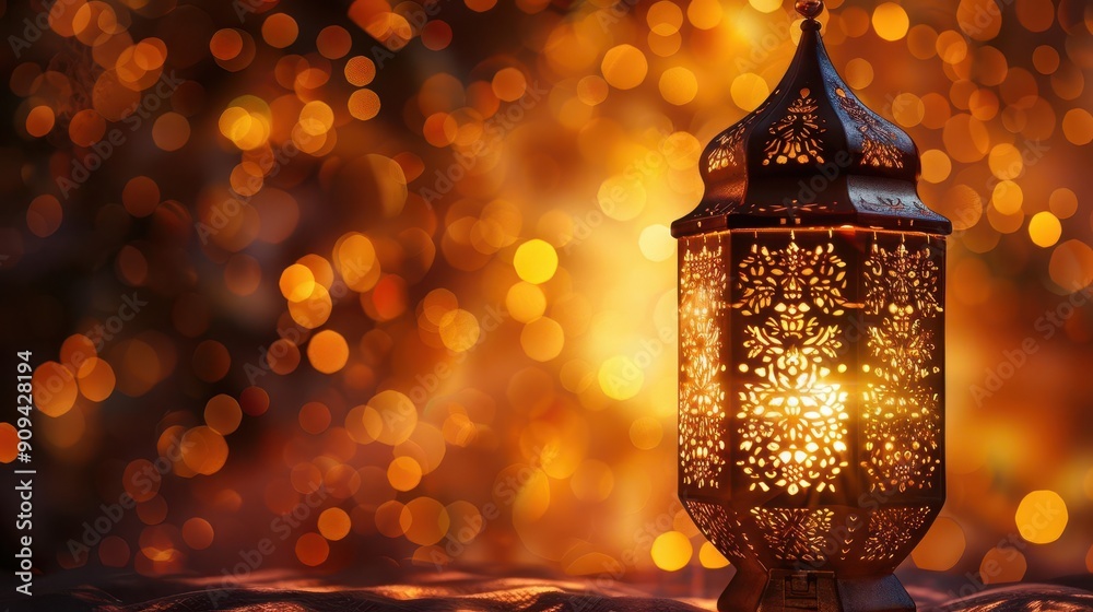 ornate arabic lantern casting intricate shadows against a rich warm background golden filigree patterns shimmer with candlelight creating a serene ramadan ambiance ornate arabic lantern casting intricate shadows against a rich warm background golden filigree patterns shimmer with candlelight creating a serene ramadan ambiance