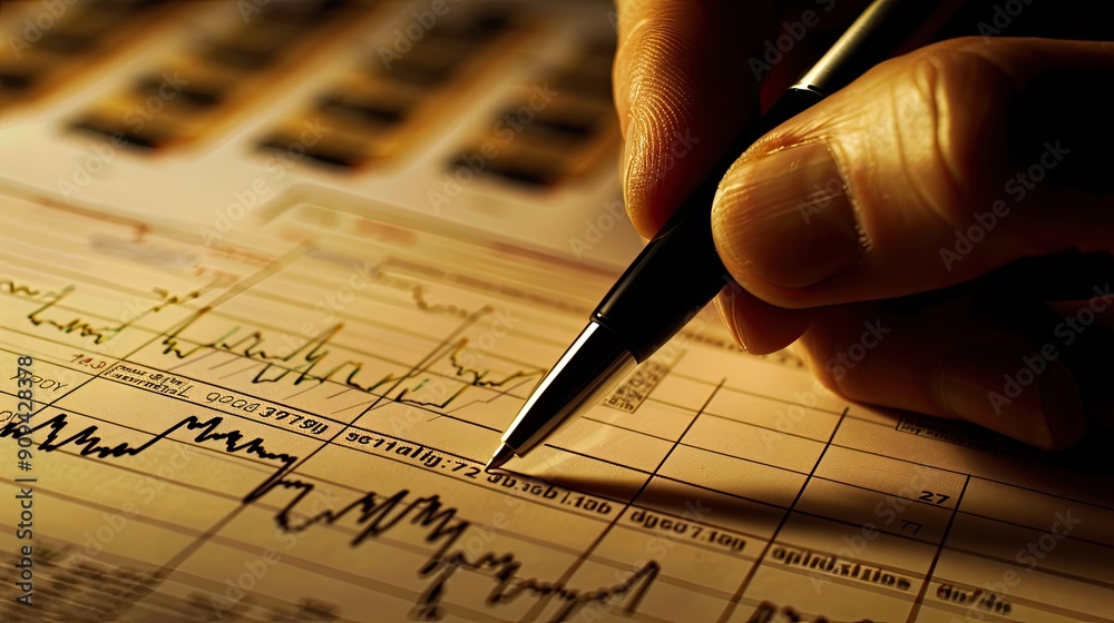 Close-up of a hand holding a pen over a printed chart and graph, illustrating investment planning with this inviting photo. Close-up of a hand holding a pen over a printed chart and graph, illustrating investment planning with this inviting photo.