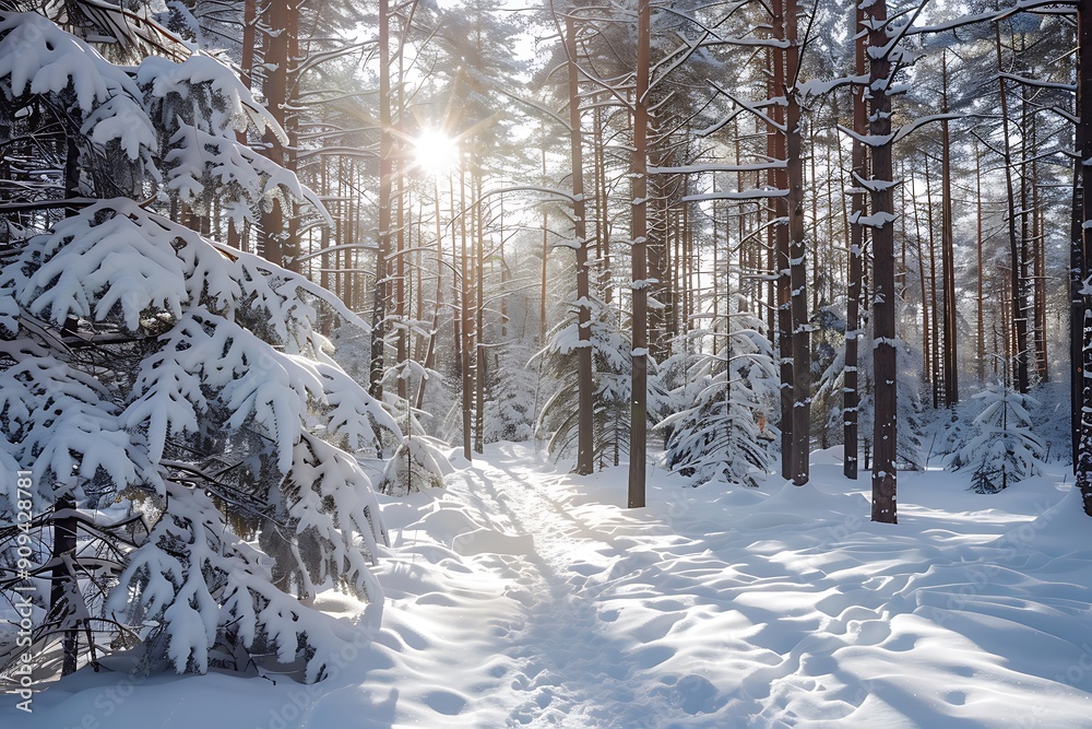 winter forest landscape with spruse tree and snow in sunny day 