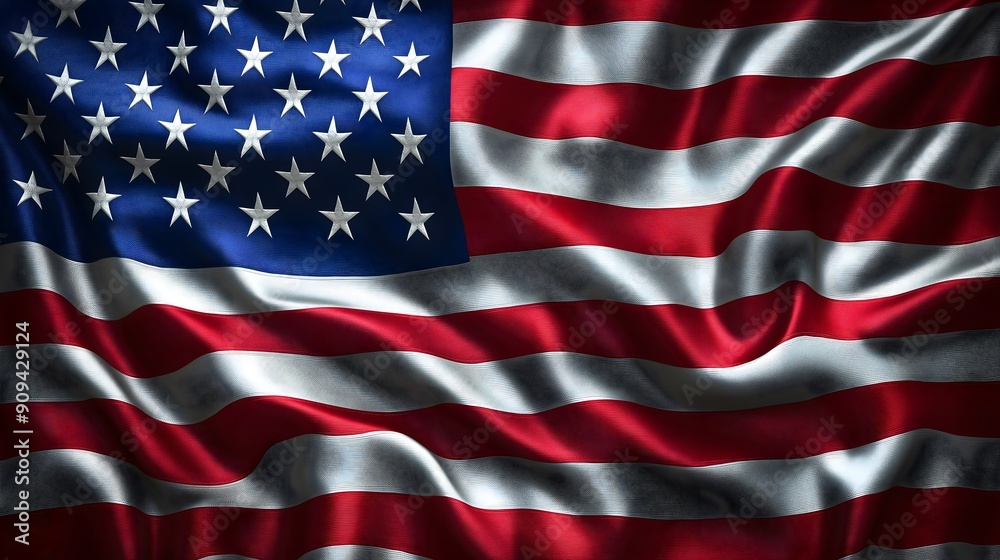 The American flag is waving in the wind. The flag is red, white, and blue. The stars are evenly spaced and the stripes are also evenly spaced. The flag is a symbol of the United States and its values. The American flag is waving in the wind. The flag is red, white, and blue. The stars are evenly spaced and the stripes are also evenly spaced. The flag is a symbol of the United States and its values.