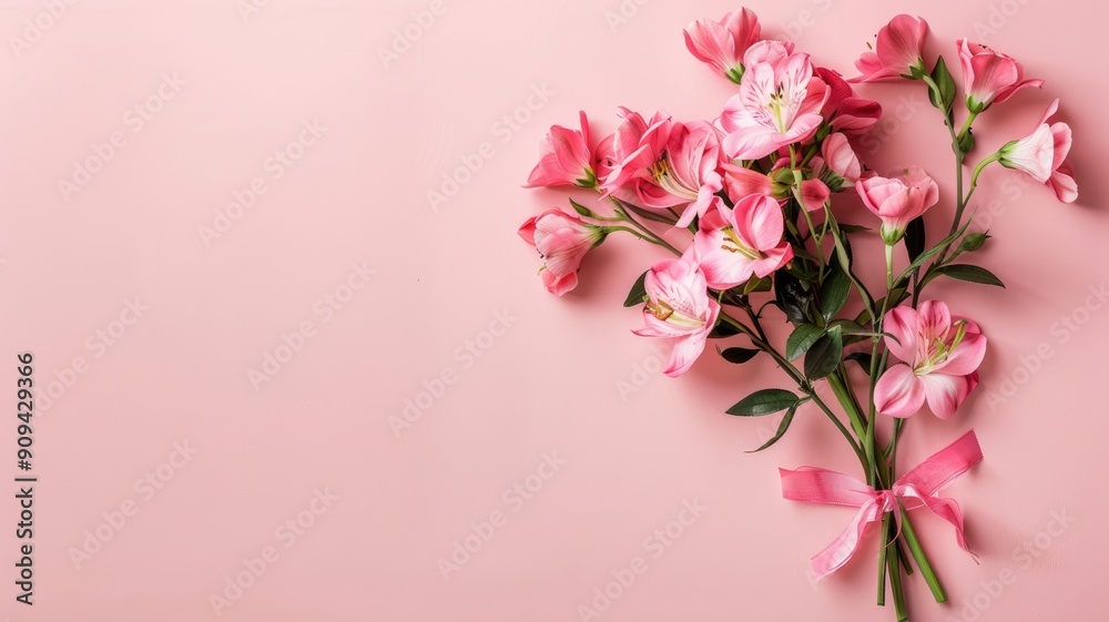 Pink flowers tied with ribbon on pink background Pink flowers tied with ribbon on pink background