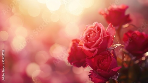 Vibrant red roses in soft, glowing background with bokeh lights