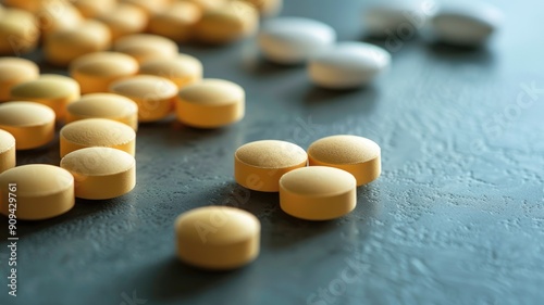 Close-up of yellow and white tablets on textured surface