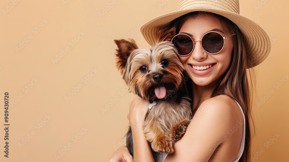 Happy woman posing with her Yorkshire Terrier puppy in a hat and sunglasses, beige background offering ample space for text above. Happy woman posing with her Yorkshire Terrier puppy in a hat and sunglasses, beige background offering ample space for text above.