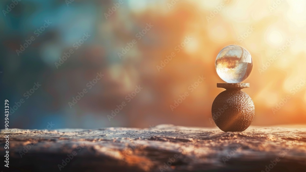 Obraz premium Glass orb balances on textured stone outdoors, reflecting nature with vibrant, blurred background