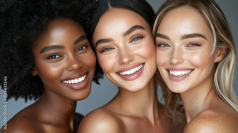 Portrait of beautiful radiant African American, girl, a brunette and blonde girl, with naked shoulders, smiling. 3 female models posing. Minimal concept of cosmetic industry campaign, poster or ad Portrait of beautiful radiant African American, girl, a brunette and blonde girl, with naked shoulders, smiling. 3 female models posing. Minimal concept of cosmetic industry campaign, poster or ad