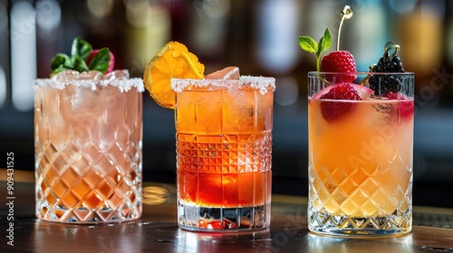 Intimate close-up of three cocktails with unique garnishes and glassware, highlighting the intricate details and vibrant colors of each beverage.