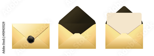 Illustration of a black&gold envelope and invitation
