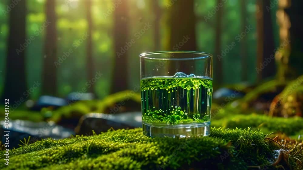 Glass of green liquid on mossy forest floor. Glass of green liquid on mossy forest floor.
