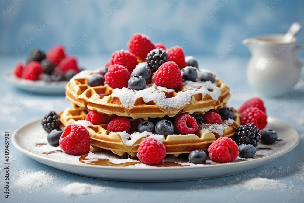 A waffle adorned with fresh berries and a light dusting of powdered sugar, presented on a simple white plate. A waffle adorned with fresh berries and a light dusting of powdered sugar, presented on a simple white plate.