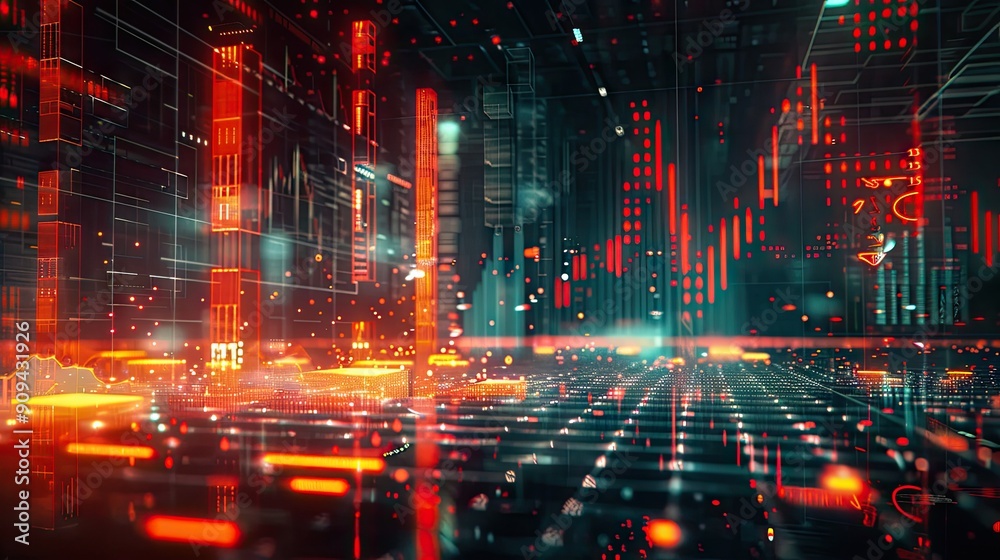 Modern 3D financial data visualization with symbols and digital effects on a grid background with this inviting photo.
