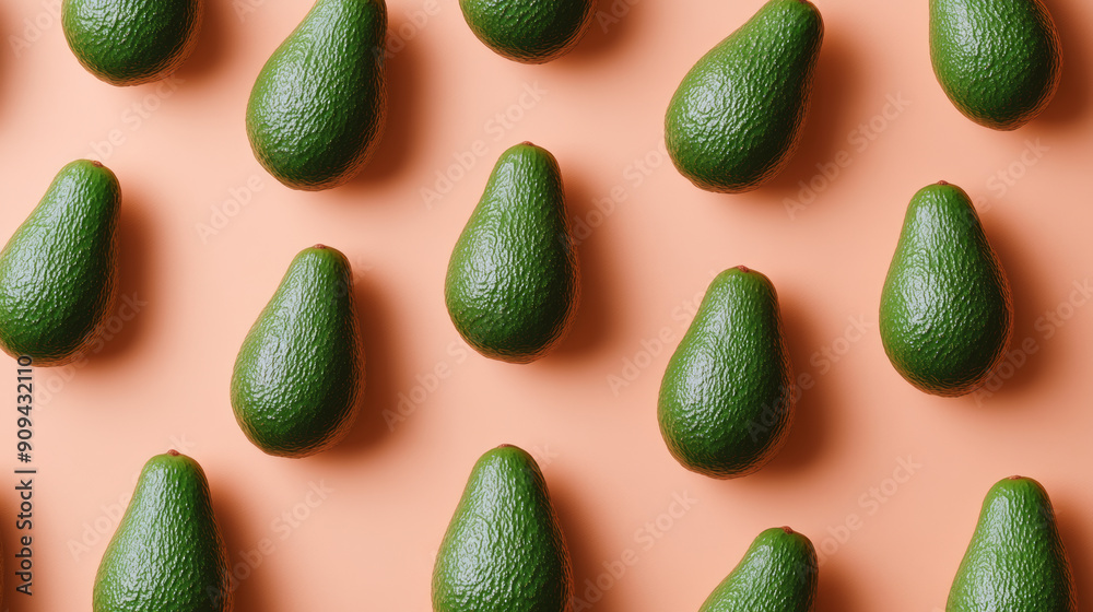 Avocados arranged in a grid pattern on a peach background, organic food concept Avocados arranged in a grid pattern on a peach background, organic food concept