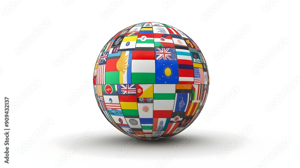 A globe with flags from many countries on it. The globe is white and the flags are in different colours. AI generated. A globe with flags from many countries on it. The globe is white and the flags are in different colours. AI generated.