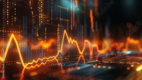 Modern 3D illustration of financial growth with rising trends and glowing lines on a dark background with this inviting photo.