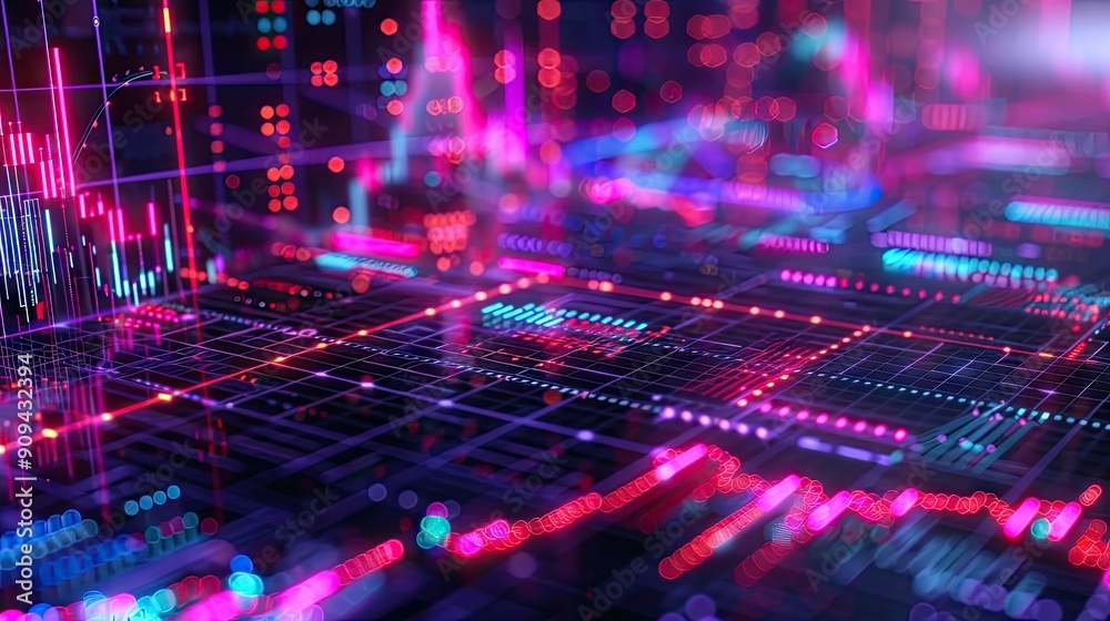 Modern 3D rendering of financial symbols and charts with a neon glow on a digital grid background with this inviting photo. Modern 3D rendering of financial symbols and charts with a neon glow on a digital grid background with this inviting photo.