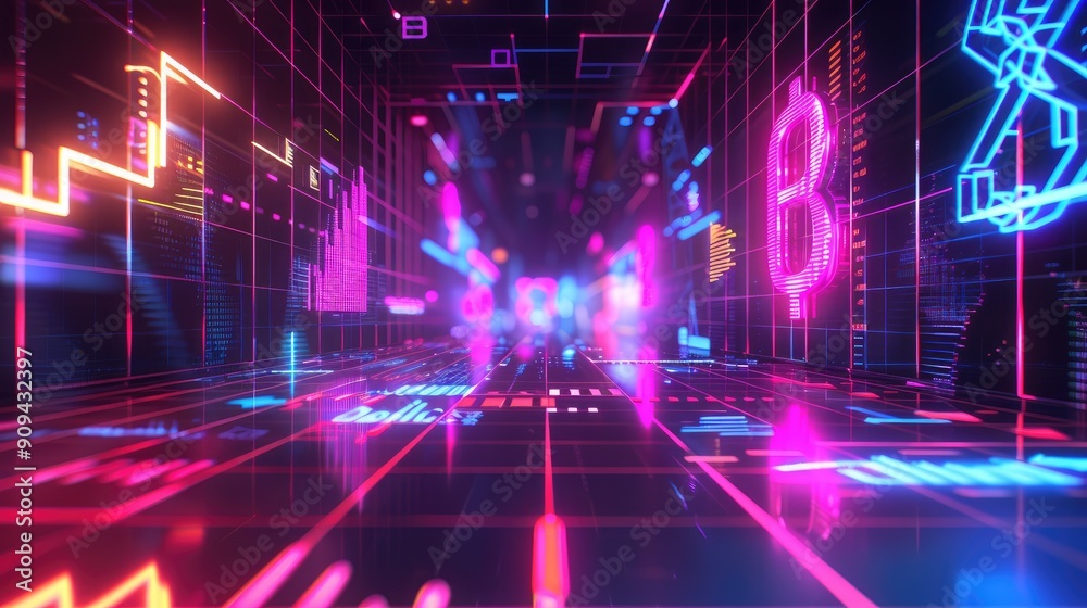 Modern 3D rendering of financial symbols and charts with a neon glow on a digital grid background with this inviting photo. Modern 3D rendering of financial symbols and charts with a neon glow on a digital grid background with this inviting photo.