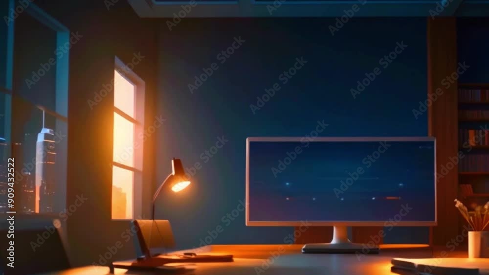 Modern office desk with computer screen displaying futuristic interface and cityscape view. Modern office desk with computer screen displaying futuristic interface and cityscape view.