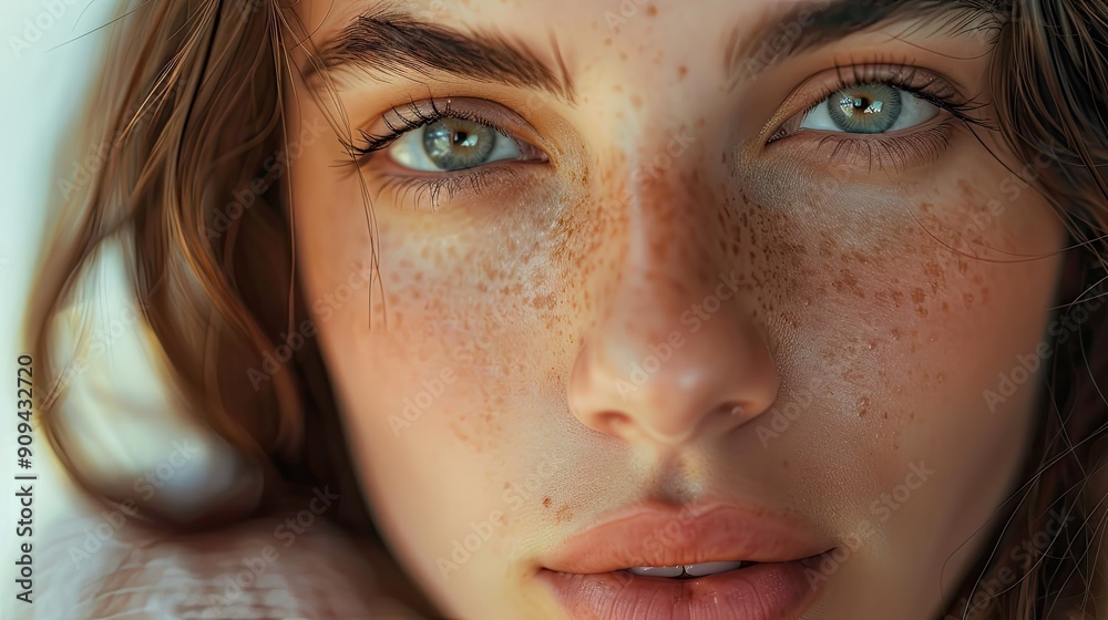 Fototapeta premium Realistic close-up of a beautiful-skinned woman, capturing the softness and luminosity of her complexion with this inviting photo.