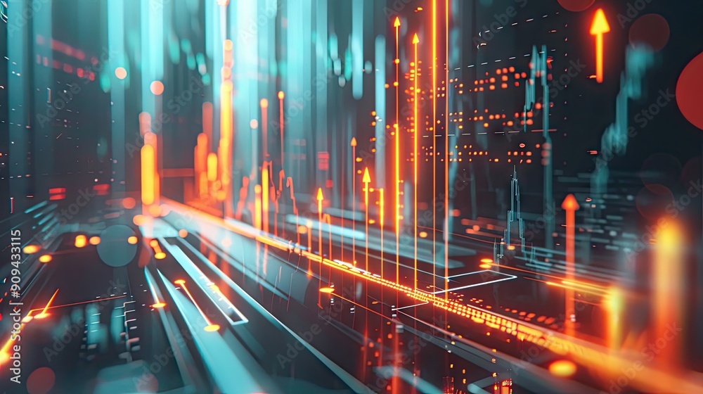 Stylized 3D model of a financial graph with arrows and glowing lines on a futuristic background with this inviting photo. Stylized 3D model of a financial graph with arrows and glowing lines on a futuristic background with this inviting photo.