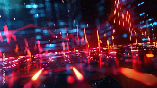 Stylized 3D model of a financial graph with arrows and glowing lines on a futuristic background with this inviting photo.