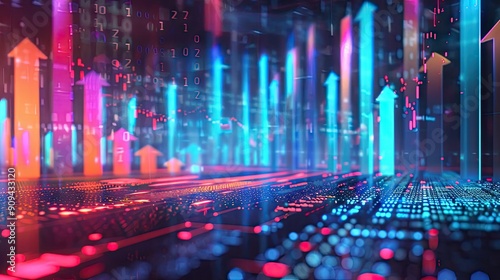 Stylized 3D model of a financial graph with arrows and glowing lines on a futuristic background with this inviting photo.