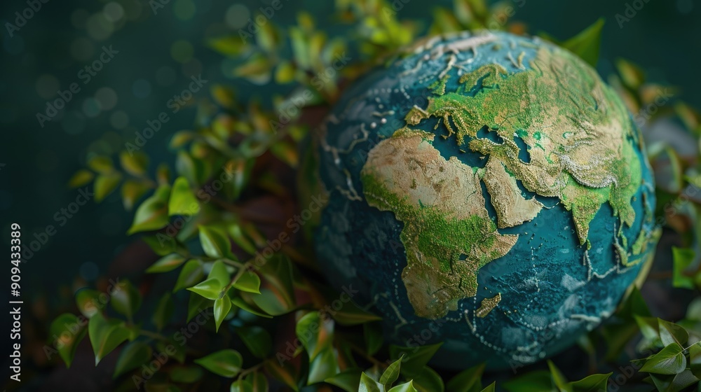 Stylized 3D rendering of a globe with green foliage, emphasizing global conservation with this inviting photo. Stylized 3D rendering of a globe with green foliage, emphasizing global conservation with this inviting photo.