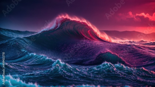 Gleaming bits of light travel through a digital ocean with blue and red 