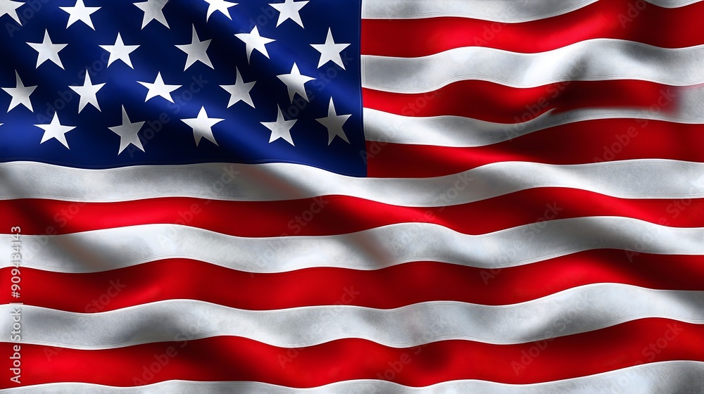 The American flag is waving in the wind. The flag is red, white, and blue. The stars are evenly spaced and the stripes are also evenly spaced. The flag is a symbol of the United States and its values. The American flag is waving in the wind. The flag is red, white, and blue. The stars are evenly spaced and the stripes are also evenly spaced. The flag is a symbol of the United States and its values.