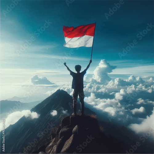 a person is standing on a high vantage point with indonesian flag