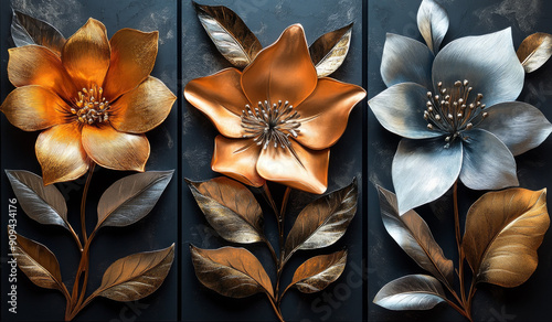 3 pieces of modern art black background with golden and silver flower leaves