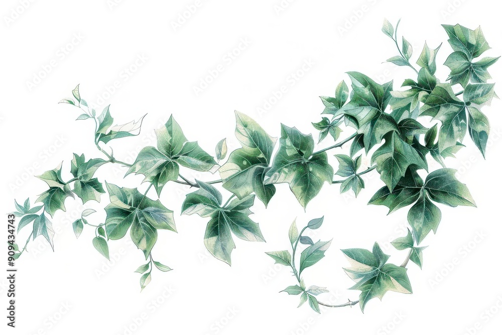 intricate botanical illustration of a climbing vine plant with delicate tendrils and leaves isolated on white with precise details creating a scientific yet artistic representation