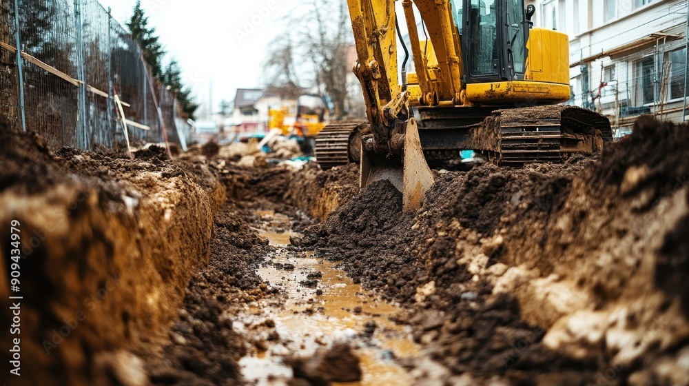 Fototapeta premium Excavation of soil for new building foundation 
