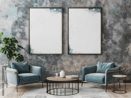 two blank paintings on wall in living area with comfortable chairs - ai