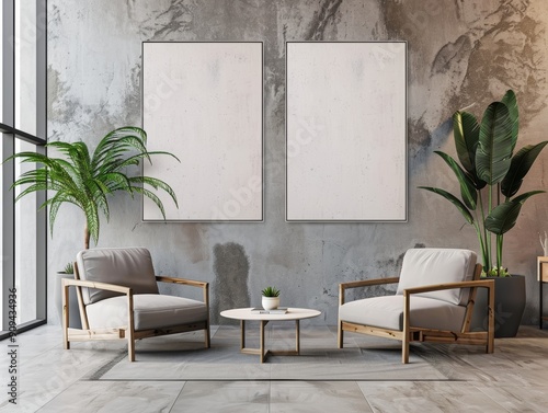 two blank paintings on wall in living area with comfortable chairs - ai