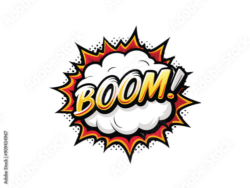 Colorful comic book background with a blank white speech bubble and the word "BOOM" in gold letters.