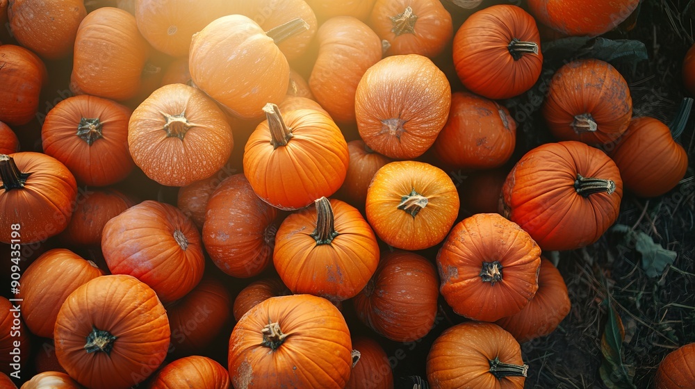 Group of fresh orange pumpkins in sunlight in farm outside view from above of ginger gourds resting Group of fresh orange pumpkins in sunlight in farm outside view from above of ginger gourds resting