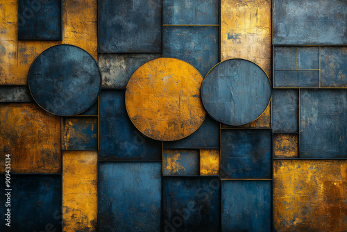abstract painting, geometric shapes in blue and yellow, gold lines, composition in the style of the golden ratio