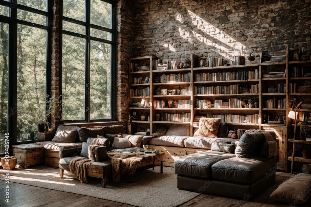 Inviting rustic retreat with a bookshelf wall, large windows, and plush seating Inviting rustic retreat with a bookshelf wall, large windows, and plush seating