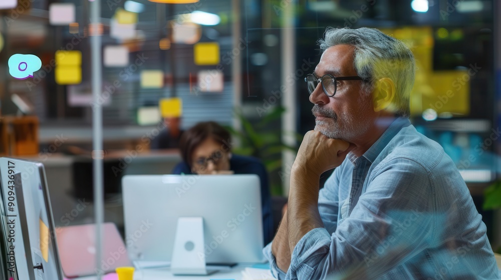 Veteran tech leader with grey hair in a brainstorming meeting, contemporary tech hub, creative solutions, copy space for text Veteran tech leader with grey hair in a brainstorming meeting, contemporary tech hub, creative solutions, copy space for text