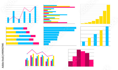 Set of bar chart for data presentation and market progress illustration