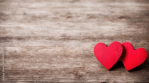 Pair of ruby red wooden hearts on textured wood surface with blurred backdrop 