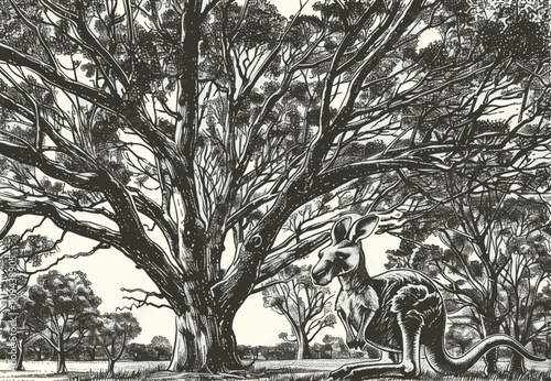 Intricate black and white kangaroo and tree sketch, capturing the essence of Australian wildlife and natural scenery, ideal for artistic prints, nature illustrations, or wildlife conservation material