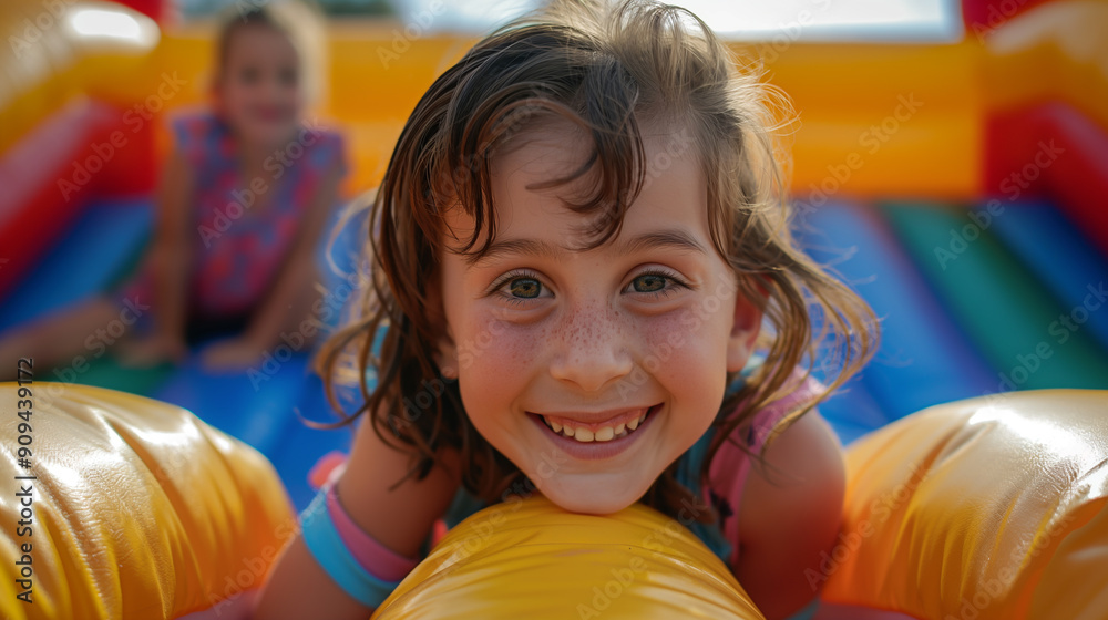 Kids Having Fun on an Inflatable Bouncy Castle in the Background Kids Having Fun on an Inflatable Bouncy Castle in the Background