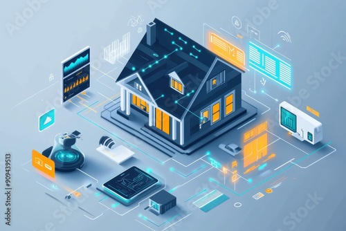 Home automation system, High Res image of smart home hub analyzing data to optimize energy