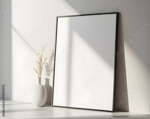 Blank picture frame mockup on white wall with trandy vase photo